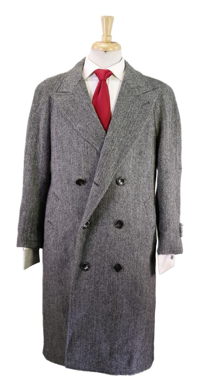 Harris Tweed Gray Black Herringbone Doube Breated Peak Lapel Overcoat Medium